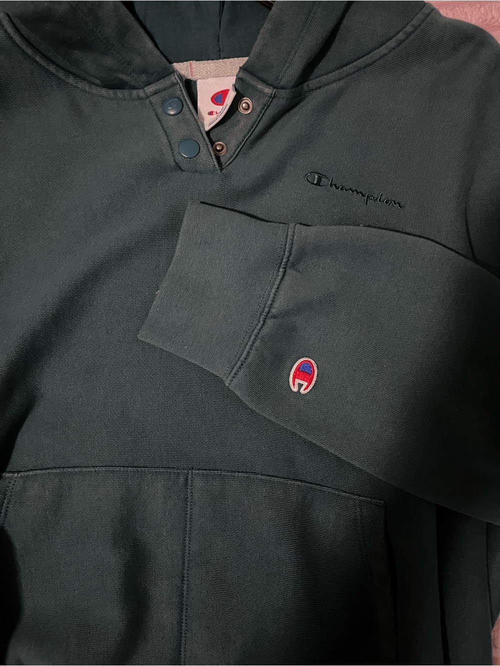 Champion Dark Green Pullover Hoodie CROPPED with Embroidered Logo